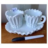 INDIANA MILK GLASS CREAM, SUGAR AND TRAY