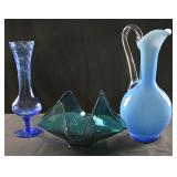 3 Pc Blue Art Glass