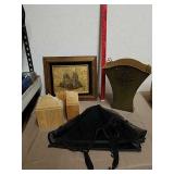 Framed artwork, metal basket and more