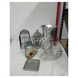 Metal hanging Lantern, glass vase, wire cat
