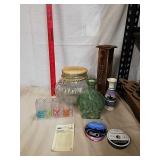 Large glass jar with wood lid, vases, colorful