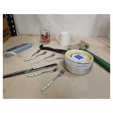 Group of shrimp Forks, metal coasters, and more