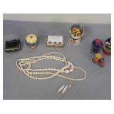 Group of trinket boxes and necklaces Group of trinket boxes and necklaces