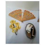 Decorative wood hand fan with metal floral wall Decorative wood hand fan with metal floral wall