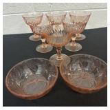 6 pink depression glasses with two 5ï¿½ bowls
