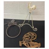 Metal rooster trivet, towel holder and rooster