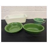 Pyrex loaf pan, green cup and 2 dishes