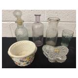 Glass bottles and glass crystal dish