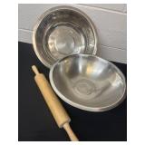 Strainer, wood rolling pin and bowl