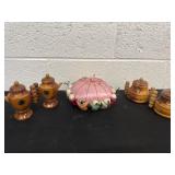 Wood salt and pepper shakers and pin cushion