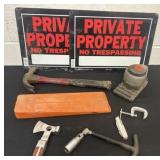 Metal private property sign, sander and hammer