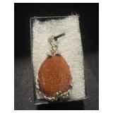 All nickel silver lab sunstone pendant on silk