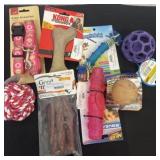 Group of new dog leashes, toys and snacks