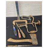C clamps, vintage drill and screw drivers and