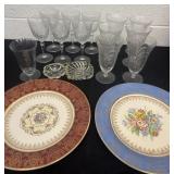 2 floral plates, sundae bowls, glasses and wine