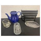 Butter dish, creamer, candy dish, blue teapot
