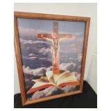 Vintage  framed cross picture 17 x 22