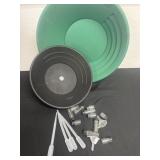 2 gold pans with vials