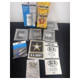 Group of card holders, rat trap and army sticker