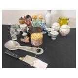 Figurines, egg cup, vase, pins wood bobble head