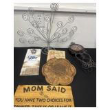 Group of wood signs and clock