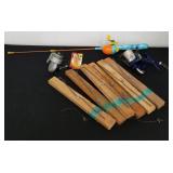2 reels, Ice Fishing Wood Stick rods and