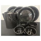 Enamel plates, percolator and cups