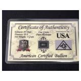 1 Grain Pure Platinum Certificate of Authenticity