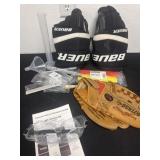 Modeling clay and science kit and Bauer gloves