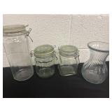 3 canister and glass vase