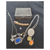 Metal Jewelry Box with costume jewelry pendants
