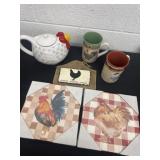 Rooster tea pot 2 canvas picture and coffee cups