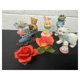 Group of bunny cat dogs and floral figurines