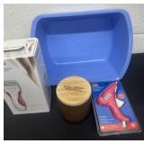 Blue tubs, candle glue gun and ladies shaver