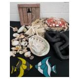 Nautical items.  Crab, net with starfish, shells,