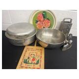 Aluminum pan with cheese grater, tray and wood