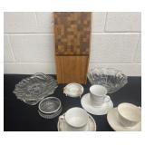 3 cup and saucers glass plate and bowl and wood