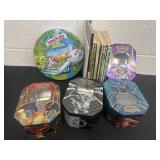 Pokemon tins and books and garbage pail kids tin