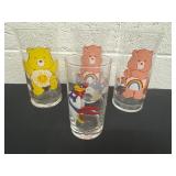 3 Care Bears glasses and smuckers glass