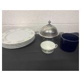 Teacup 4 plates covered dish and blue clay dish