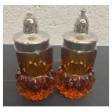 2 amber heavy cut glass salt and  pepper shakers