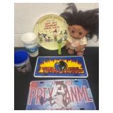 Pez, Dick Tracy license plate cover, cups,