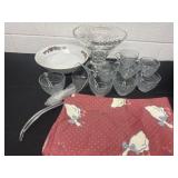 Glass punch cups goose table cloth pedestal bowl.