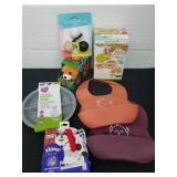 New silicone bibs, Kleenex, sectioned plate,