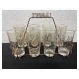 Vintage Libbey Golden Foliage 8 Glass With Caddy