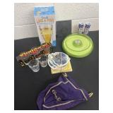 Group of shot glasses, Glass coasters and