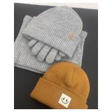 Brown hat with gray hat and glove set
