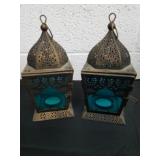 Pair of matching 7.5 in Candle lanterns with blue