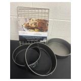 3 kitchen bake pans and cooling rack