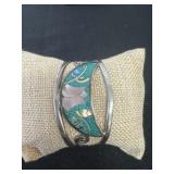 Vtg Alpaca Silver Turquoise Flower Cuff Bracelet